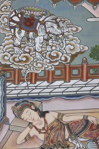 Voor de geboorte van Siddhartha Gautama droomde zijn moeder van een witte olifant die haar een lotusbloem aanbood, Seoul, Zuid-Korea door Unbekannt