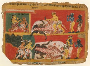Bhima Doodt Jarasandha: Pagina uit een Bhagavata Purana Manuscript, ca. 1540