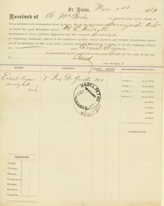 Vrachtbrief, stoomboot M[ary] E. Forsyth, Sunnyside, Arkansas, 1 november 1864