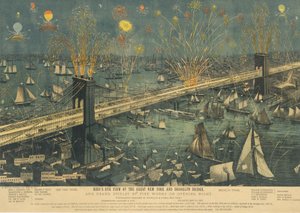 Vogelvlucht van de Grote New York en Brooklyn Brug, en Groot Vuurwerk ..., 1883