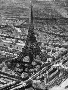 Vogelperspectief van de Eiffeltoren tijdens de opening van de Parijse Expositie van 1889