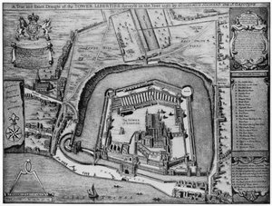Vogelperspectief van de Toren en Vrijheden zoals ze eruitzagen in 1597, Londen, 20e eeuw door Unbekannt