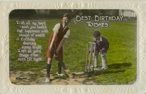 Verjaardagskaart met twee jongens die cricket spelen