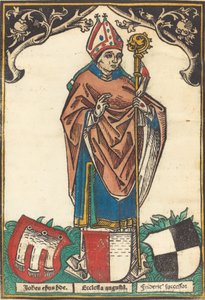 Bisschop van Augsburg met drie wapenschilden