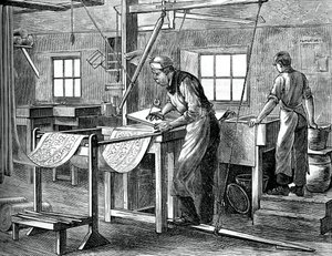 Blokdrukkers aan het werk, ca. 1880 door Unbekannt