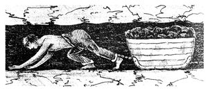Jongen putter sleept een slee met kolen door een smalle naad, Zuid-Wales, 1848