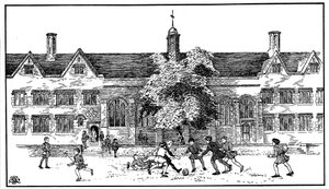 Jongens in Tudor-tijd die voetbal spelen op Berkhamsted Grammar School, Hertfordshire door Unbekannt