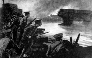 Britse troepen aan de rivieroever voorbereid op Duitse opmars, België, Eerste Wereldoorlog, 1914