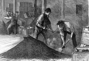 Thee in bulk in de magazijnen van de East & West India Dock Company, Londen, 1874