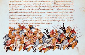 Byzantijnse ruiters overweldigen vijandelijke cavalerie en voetsoldaten