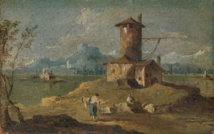 Capriccio met een eiland, een toren en huizen door Unbekannt