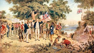 Kapitein James Cook neemt bezit van Nieuw-Zuid-Wales in naam van de Britse Kroon, 1770