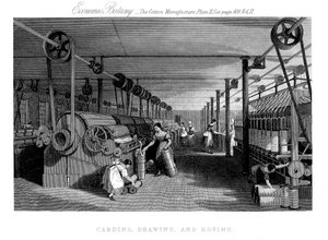 Katoen kaarden, tekenen en spinnen, c1830