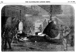 Gieten van een mortier bij Grissells Regents Canal Ironworks, City Road, Londen, 1855