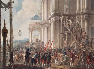 Catharina II op het balkon van het Winterpaleis, begroet door de wachters op de dag van de paleisrevolutie op 28 juni 1762, eind 18e eeuw