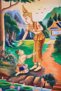 Plafondkunstwerk dat het leven van Boeddha afbeeldt, Wat Si Sou Mang Karam-tempel, Vieng Vang, Laos