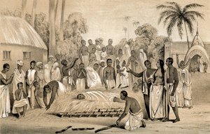Ceremonie van het verbranden van een hindoeïstische weduwe met het lichaam van haar overleden echtgenoot, 1847