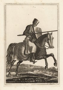 Aanvallende ridder van de 12e en 13e eeuw in maliënkolder, platte helm, lans, schild, scheenbeschermers, oorlogszadel door Unbekannt