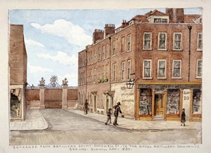 Chiswell Street met ingang naar het terrein van de Royal Artillery Company, Finsbury, Londen