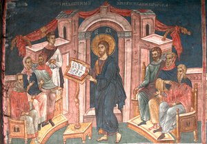 Christus in de synagoge van Nazareth, ca 1350 door Unbekannt