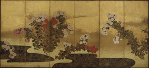 Chrysanten naast een stroom, Edo periode, 19e eeuw