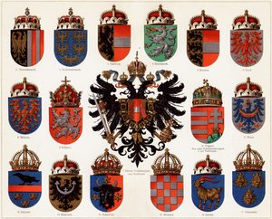 Wapenschilden van de provincies van Oostenrijk-Hongarije en klein Oostenrijks nationaal wapen, ca. 1907