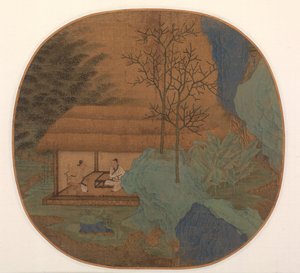 Gesprek in een hut met rieten dak, late 1200s