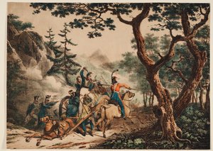 Kozakken die Franse soldaten aanvallen in een bos, 1825