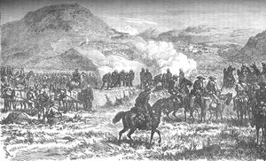 Dekken van de terugtocht van het achtenvijftigste regiment na de Slag bij Laings Nek, c1880 door Unbekannt