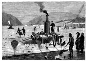 IJs snijden op de St. Lawrence rivier, Canada, met een stoomzaag, 1894