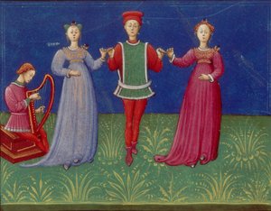 Danslessen. Uit: De pratica seu arte tripudii Over de praktijk of kunst van het dansen, 1463