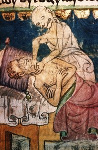 De dood wurgt een slachtoffer van de pest. Uit de Stiny Codex, 14e eeuw door Unbekannt