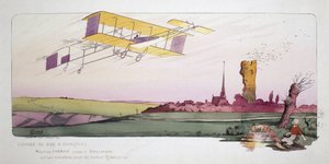 Begin van de luchtvaart: Maurice Farman (1878-1964) in zijn dubbeldekker uitgerust met een Renault-motor tijdens de race 