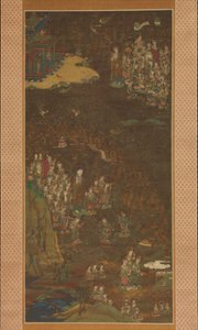 Daling en Terugkeer van Amida naar het Westelijke Paradijs met de Ziel van een Gelovige Gosho mandara, ca. 1300