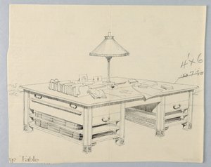 Ontwerp voor Massieve Bibliotheek Opslagtafel met Twee Open Plankrekken aan Beide Zijden, 1900–05