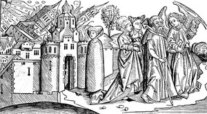 Vernietiging van Sodom en Gomorra door aardbeving, 1493 door Unbekannt
