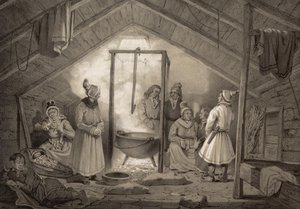 Het interieur van een boerderijhut in Finmarken. Illustratie uit het boek Noorwegen voorgesteld in tekeningen van Asbjørnsen, P.Chr. en uitgegeven door Chr. Tønsberg (no, 1848) door Unbekannt