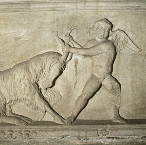Detail van een Griekse sarcofaag uit Lydia, een putto worstelend met een geit (marmer) door Unbekannt
