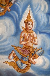 Detail van een fresco in Wat Chiang Mun, Chiang Mai, Thailand