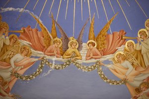 Detail van een fresco in de Visitatiekerk in Ein Kerem: engelen, Ein Kerem, Israël