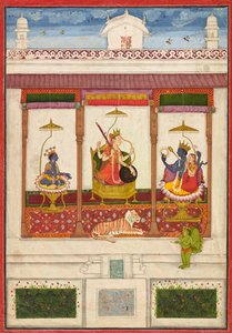 Devi met Krishna en Vishnu in een paleis, ca. 1645-1655 door Unbekannt
