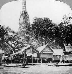 Dhows en huizen aan de Chao Phraya-rivier, Bangkok, Thailand, 1900s door Unbekannt