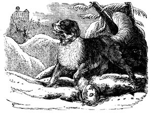 Hond van het Hospice van St. Bernard vindt een reiziger in de sneeuw, c1840 door Unbekannt