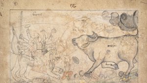 Durga confronteert de buffeldemon Mahisha: scène uit de Devi Mahatmya, ca. 1780 door Unbekannt