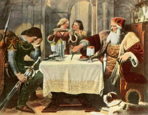 Eberhard snijdt het tafelkleed doormidden tussen hemzelf en zijn zoon Ulrich, 1377, 1936
