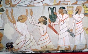 Egyptische muurschildering die de presentatie van eerbetoon door Semitische gezanten toont