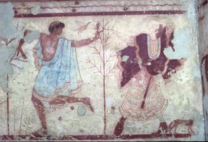 Etruskisch, Triclinio Graf, Banketscène, 470 v.Chr. Tarquinia, Italië.