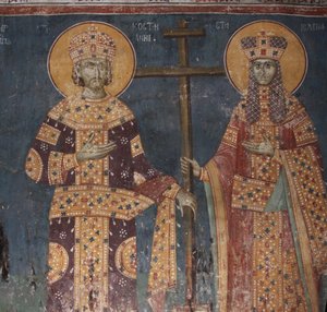 Verheffing van het Kruis. Heiligen Constantijn de Grote en Helena, 1321-1322 door Unbekannt