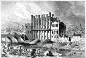 Buitenaanzicht van de Kasteelmaalderij in Sheffield, 1886