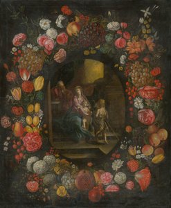 Familie in een bloemen- en fruitkrans
